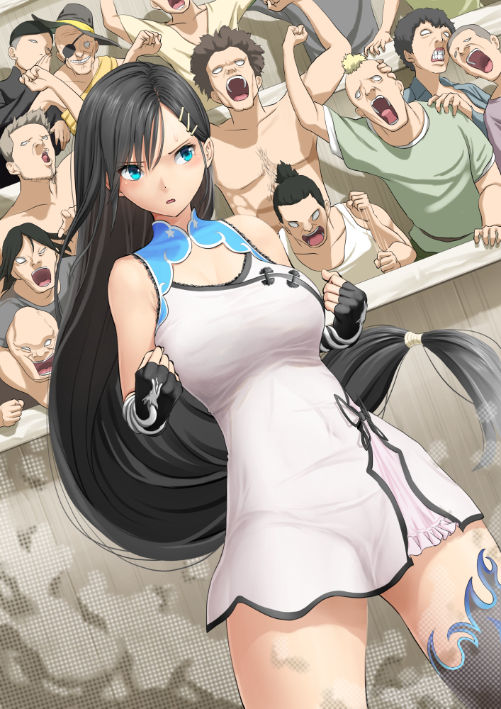 1girl arena asymmetrical_legwear bare_shoulders black_hair blade_arcus_from_shining blue_eyes bow breasts chinese_clothes cowboy_shot dress gloves hair_ornament hairclip kasu_(kasunohikari) kneehighs long_hair low-tied_long_hair medium_breasts microdress multiple_boys pairon shining_(series) single_kneehigh single_sock sleeveless sleeveless_dress socks sweatdrop uneven_legwear very_long_hair white_dress
