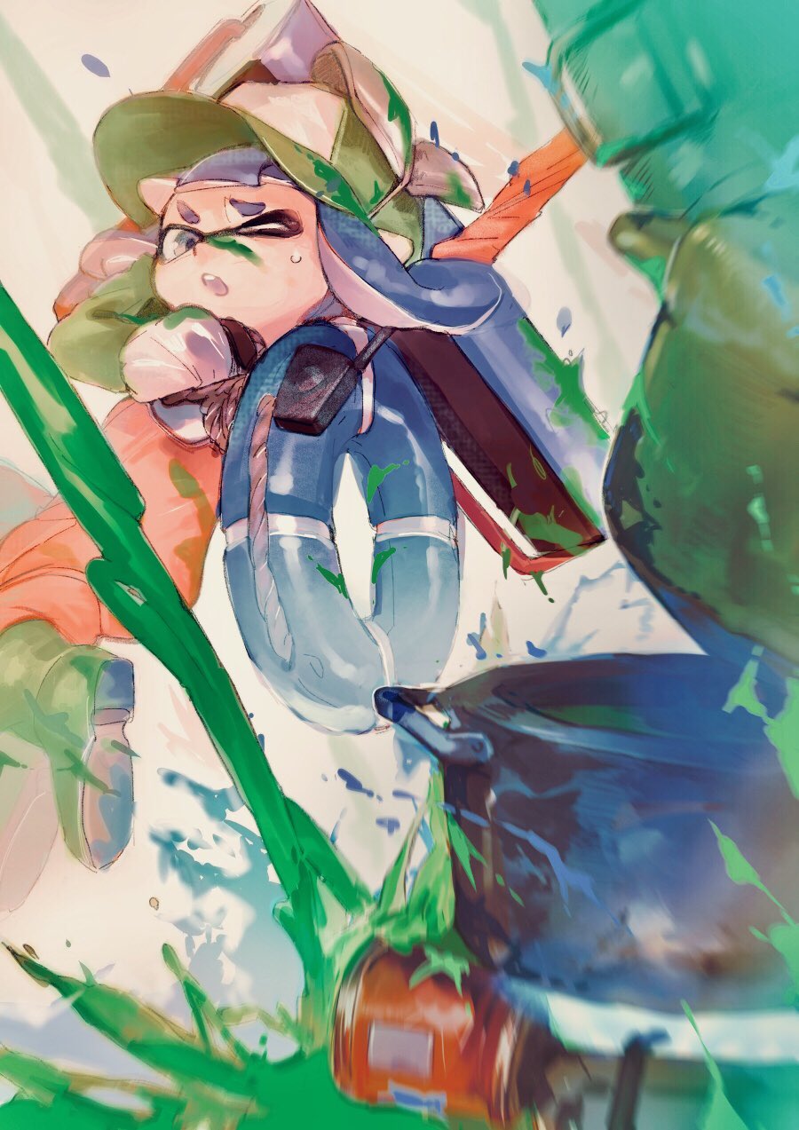 1girl baseball_cap blue_hair boots carbon_roller_(splatoon) commentary elbow_gloves floating_hair furrowed_brow gloves green_eyes green_footwear green_gloves hat highres holding holding_weapon inkling_girl inkling_player_character lifebuoy midair nintendo one_eye_closed open_mouth orange_overalls overalls paint_splatter paint_splatter_on_face rubber_boots rubber_gloves salmon_run_(splatoon) shima_(5p6p7p) shirt short_hair splatoon_(series) splatoon_2 stinger_(splatoon) suction_bomb_(splatoon) sweat swim_ring symbol-only_commentary tentacle_hair weapon white_shirt