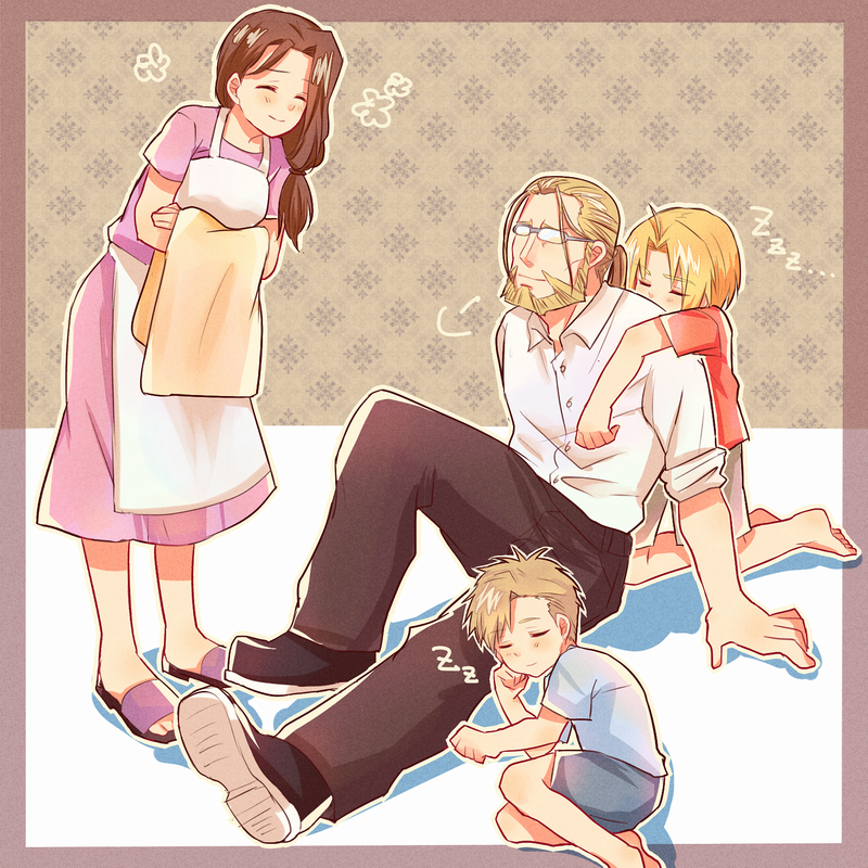 1girl 3boys ^_^ alphonse_elric apron argyle_background argyle_clothes arm_support barefoot beard beige_outline black_footwear blanket blonde_hair blue_shirt border breasts brothers brown_background brown_border brown_hair brown_pants buttons clenched_hands closed_eyes closed_mouth collared_shirt couple crossed_arms dress dress_shirt edward_elric facial_hair family father_and_son flower full_body fullmetal_alchemist furrowed_brow glasses grey-framed_eyewear happy hetero holding holding_blanket leaning leaning_forward light_smile looking_at_another looking_up low_ponytail medium_breasts mother_and_son multiple_boys on_ground outline outside_border pants ponytail puff_of_air purple_dress red_shirt sandals shadow shirt shoes shorts siblings side_ponytail sitting sleeping sleeping_on_person standing trisha_elric tsugu_ra u_u van_hohenheim white_apron white_shirt zzz