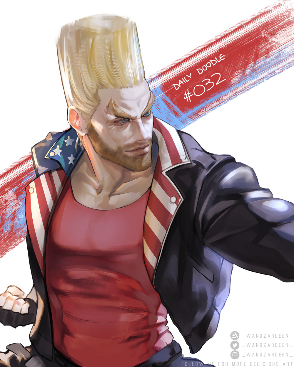 1boy american_flag american_flag_print artist_name black_gloves black_jacket blonde_hair blue_eyes fingerless_gloves flag_print gloves highres jacket long_hair long_sleeves open_clothes open_jacket paul_phoenix red_shirt shirt smile solo tekken tekken_7 thick_eyebrows v-shaped_eyebrows wandzardeen white_background