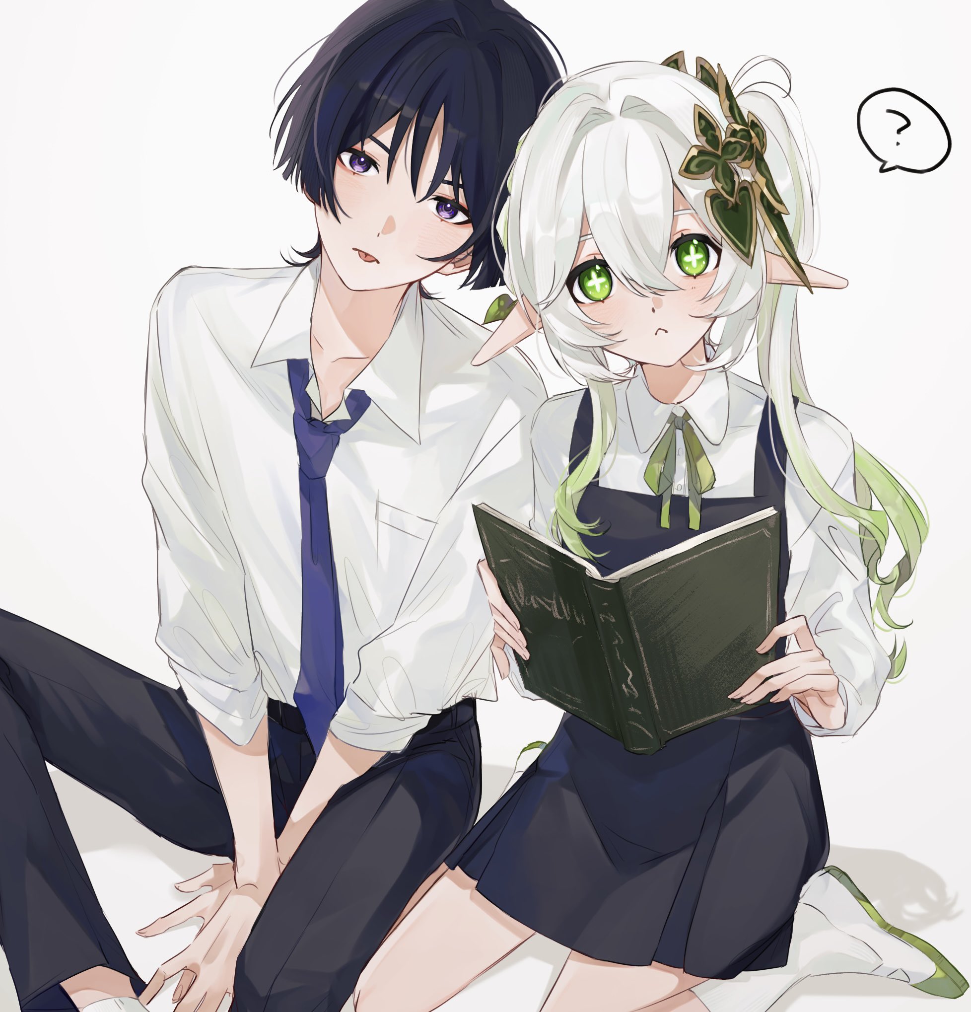 1boy 1girl :< ? aged_down alternate_costume belt between_legs black_belt black_hair black_pants blouse blunt_ends book collared_shirt colored_tips contemporary cross-shaped_pupils eyeliner eyeshadow fingernails genshin_impact green_eyes green_hair green_ribbon hair_between_eyes hair_intakes hair_ornament half_crown_braid hand_between_legs hands_on_floor head_tilt heads_together heart heart_hair_ornament highres holding holding_book leaf leaf_hair_ornament light_blush long_hair looking_at_viewer makeup multicolored_hair nahida_(genshin_impact) necktie onigiri_po_0205 open_book open_hands pants pointy_ears purple_eyes purple_necktie purple_pupils red_eyeliner red_eyeshadow ribbon scaramouche_(genshin_impact) school_uniform shirt shoes side-by-side side_ponytail sidelocks sitting sleeves_rolled_up socks spoken_question_mark symbol-shaped_pupils tongue tongue_out tsurime wanderer_(genshin_impact) wariza white_background white_hair white_shirt white_shoes white_sleeves white_socks