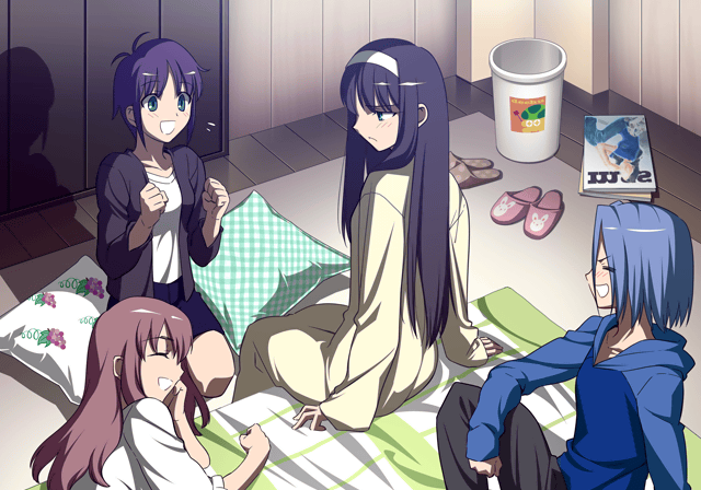 00s 4girls black_hair blue_hair brown_hair excited game_cg hood hoodie long_hair melty_blood misawa_hanei multiple_girls official_art pajamas seo_akira short_hair slippers takeuchi_takashi tohno_akiha tsukihime tsukihime_souka