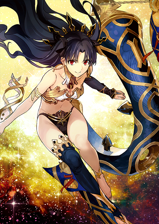 1girl anklet armlet asymmetrical_legwear asymmetrical_sleeves bare_shoulders black_bow black_hair black_panties black_sleeves black_thighhighs black_tiara bow bra breasts closed_mouth collarbone curtained_hair detached_sleeves earrings fate/grand_order fate_(series) floating floating_hair gold_anklet gold_armlet gold_collar gold_earrings gold_trim hair_bow heavenly_boat_maanna holding ishtar_(fate) jewelry leaning_forward long_hair looking_at_viewer morii_shizuki navel no_shoes official_art panties red_eyes single_bare_leg single_detached_sleeve single_thighhigh smile solo star_(sky) starry_sky_background stomach strapless strapless_bra thighhighs third-party_source tiara toes two_side_up underwear variant_set white_bra yellow_background