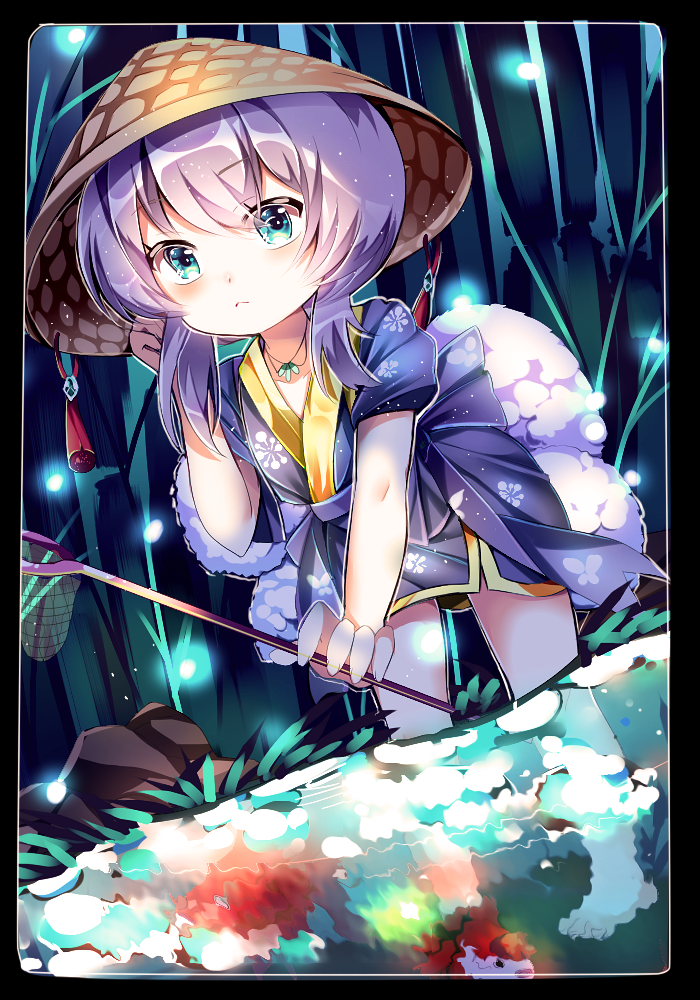 1girl blush female_focus fish green_eyes jewelry koi looking_at_viewer necklace original outdoors parted_lips partially_submerged purple_hair short_hair shu_(pjxv7485) solo