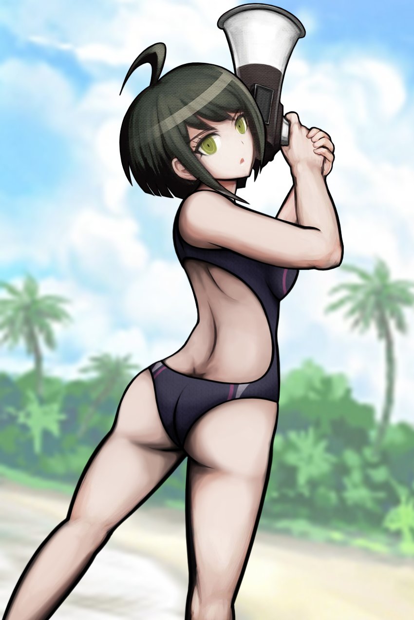 1girl ahoge ass ass_focus bare_arms bare_legs beach blue_sky cheeeeeeeeeeeeen cloud competition_swimsuit danganronpa_(series) danganronpa_another_episode:_ultra_despair_girls eyebrows eyelashes female_focus green_eyes green_hair highres holding holding_megaphone looking_at_viewer matching_hair/eyes megaphone naegi_komaru one-piece_swimsuit open_mouth outdoors plant sand sky solo solo_focus swimsuit turning_around turning_head