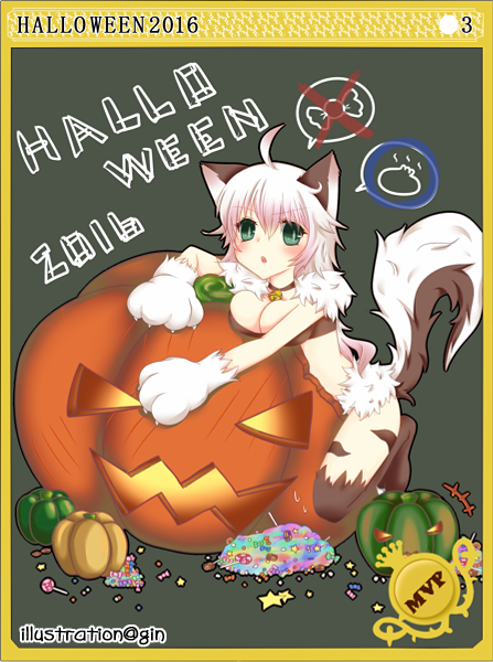 1girl 2016 ahoge animal_ears animal_hands blush breasts candy card_(medium) cat_ears cat_girl cat_tail commentary_request eleanor_(ragnarok_online) food full_body ginn0613v green_eyes halloween jack-o&#039;-lantern large_breasts lollipop long_hair looking_at_viewer mvp open_mouth pumpkin ragnarok_online solo steamed_bun swirl_lollipop tail white_hair