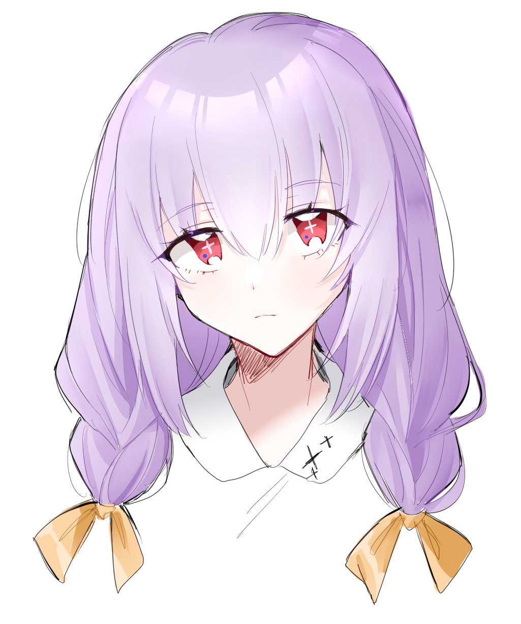1girl arikalovesyou2 arius_squad_(blue_archive) atsuko_(blue_archive) blue_archive braid cross_in_eye highres jacket low_twin_braids purple_hair red_eyes simple_background solo twin_braids upper_body white_background white_jacket