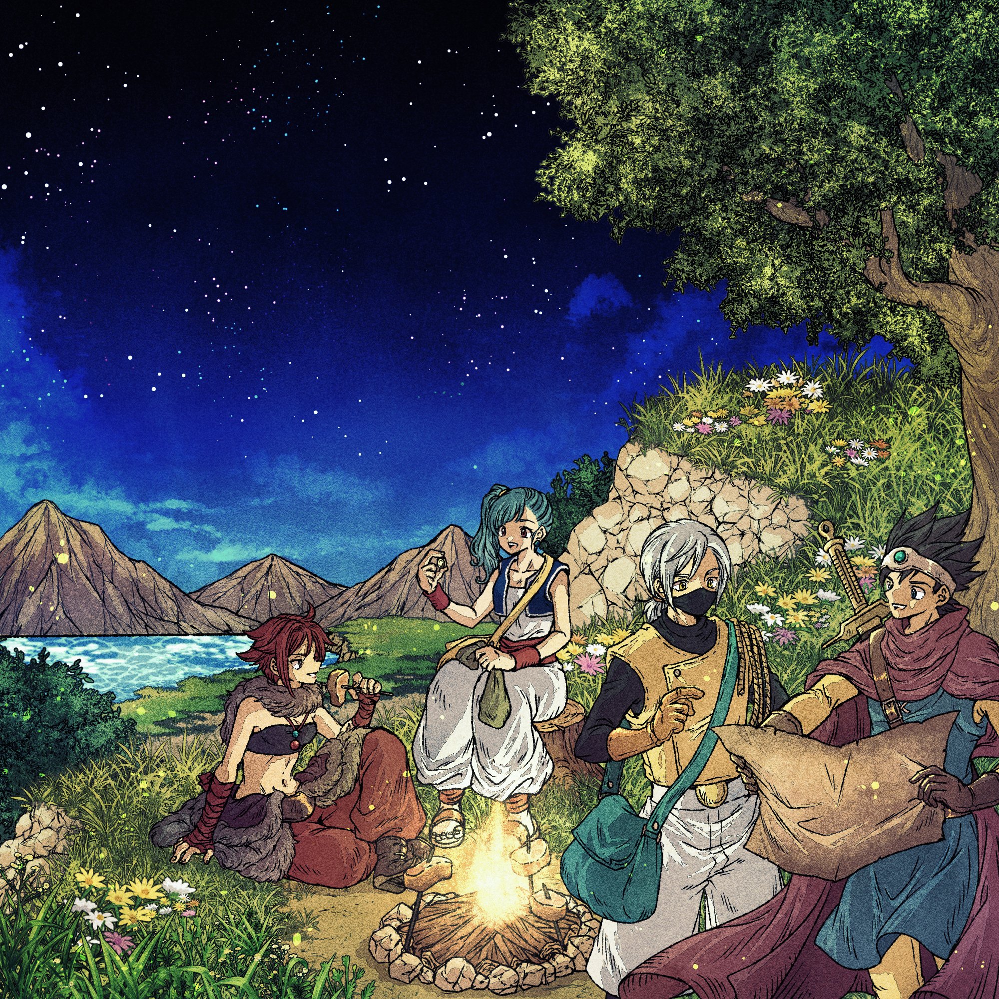 black_hair blue_hair bodysuit campfire cloak coin cooking dragon_quest dragon_quest_iii evening flower food gold_coin grass grilling hero_(dq3) highres lake mask meat merchant_(dq3) monster_wrangler_(dq3) mountain mouth_mask ponytail purple_cloak red_hair sandals side_ponytail strapless thief_(dq3) toriga tree tube_top vest white_bodysuit white_flower white_hair yellow_flower