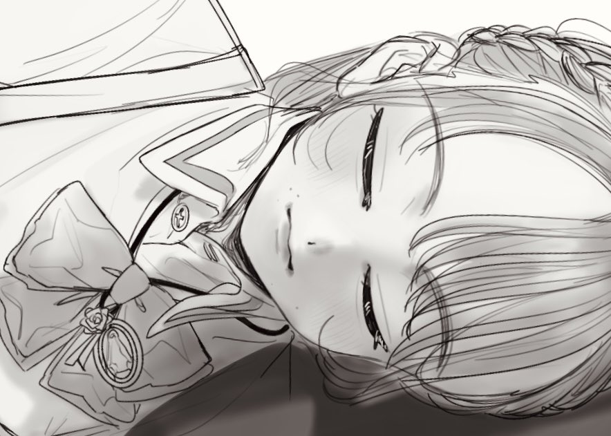 1girl assault_lily blush bow bowtie braid buttons closed_mouth collared_shirt commentary facing_viewer fukuyama_jeanne_sachie grey_background greyscale half_up_braid jewelry komuzuka long_hair ludvico_private_girls&#039;_academy_school_uniform lying mole mole_above_mouth mole_under_mouth monochrome necklace on_side pendant school_uniform shadow shirt sketch solo suspenders two-tone_background upper_body white_background