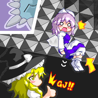 blush crossover kirisame_marisa letty_whiterock lowres mario_(series) myonde nintendo o_o oekaki parody super_marisa_world thumbs_up thwomp touhou