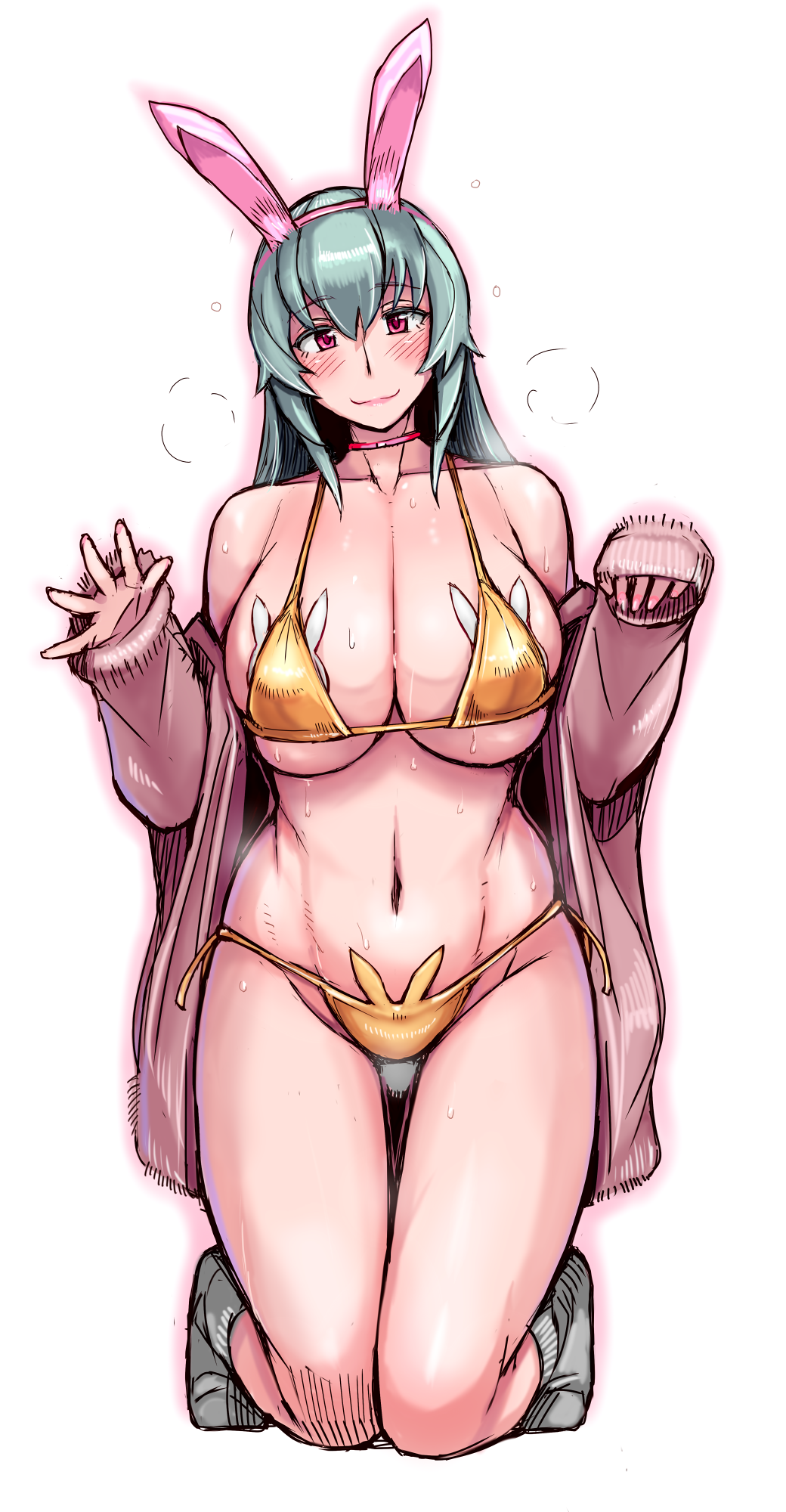 1girl animal_ears bikini black_socks blush breasts choker cleavage closed_mouth fake_animal_ears full_body green_hair hands_up highres jacket kneeling large_breasts long_hair long_sleeves looking_at_viewer mature_female navel off_shoulder open_clothes open_jacket original pink_choker pink_eyes pink_jacket rabbit_ears rabbit_pasties side-tie_bikini_bottom simple_background sleeves_past_wrists smile socks solo stomach sweat swimsuit tsuda_nanafushi white_background yellow_bikini