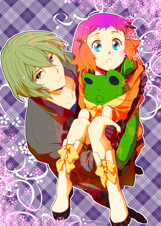 10s 1boy 1girl aquarion_(series) aquarion_evol bad_id bad_pixiv_id blonde_hair blue_eyes carrying coat couple doll dress gloves gradient_hair hachigou hair_ornament hetero jin_musou multicolored_hair orange_hair princess_carry purple_hair stuffed_animal stuffed_frog stuffed_toy tama_(aquarion) yunoha_thrul