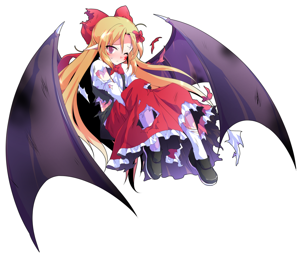 1girl alphes_(style) bat_wings black_shoes black_vest black_wings blonde_hair blush bow bowtie bruise closed_mouth commentary_request dairi elis_(touhou) facial_mark flower frilled_skirt frills full_body hair_bow hair_flower hair_ornament injury loafers long_hair long_sleeves looking_at_viewer mark_under_eye one_eye_closed open_clothes open_vest pantyhose parody pointy_ears purple_eyes red_bow red_bowtie red_flower red_skirt shirt shoes simple_background skirt solo star_(symbol) star_facial_mark style_parody tachi-e torn_bow torn_clothes torn_shirt torn_skirt touhou touhou_(pc-98) transparent_background very_long_hair vest white_pantyhose white_shirt wings