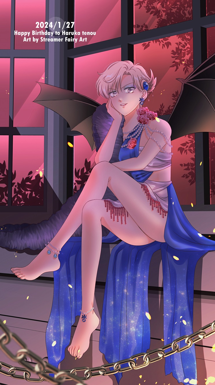 1girl barefoot bat_wings bishoujo_senshi_sailor_moon biting_own_lip blonde_hair blue_dress blue_eyes blue_eyeshadow chain corruption dress earrings eyeshadow flower highres indoors jewelry koya lips looking_at_viewer makeup red_sky revealing_clothes rose short_hair sitting sky solo ten&#039;ou_haruka uranus_symbol very_short_hair white_dress window wings