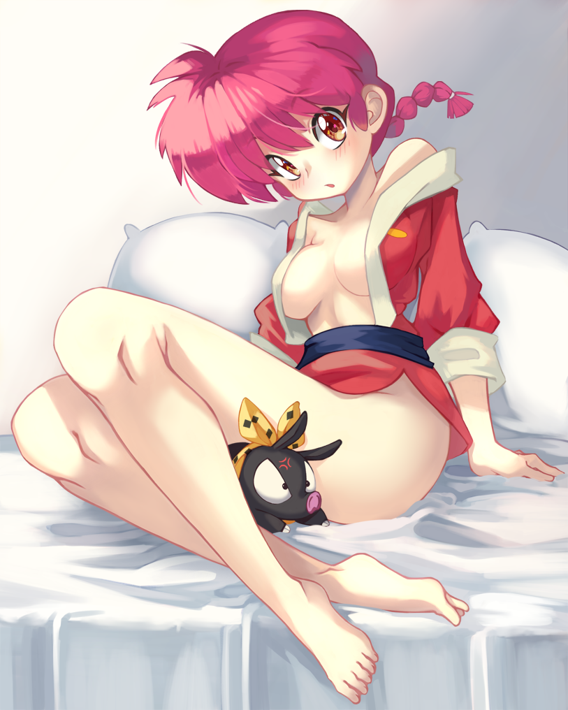 animal bed braid genderswap genderswap_(mtf) hibiki_ryouga open_clothes p-chan pig pink_hair ranma-chan ranma_1/2 red_eyes saotome_ranma single_braid