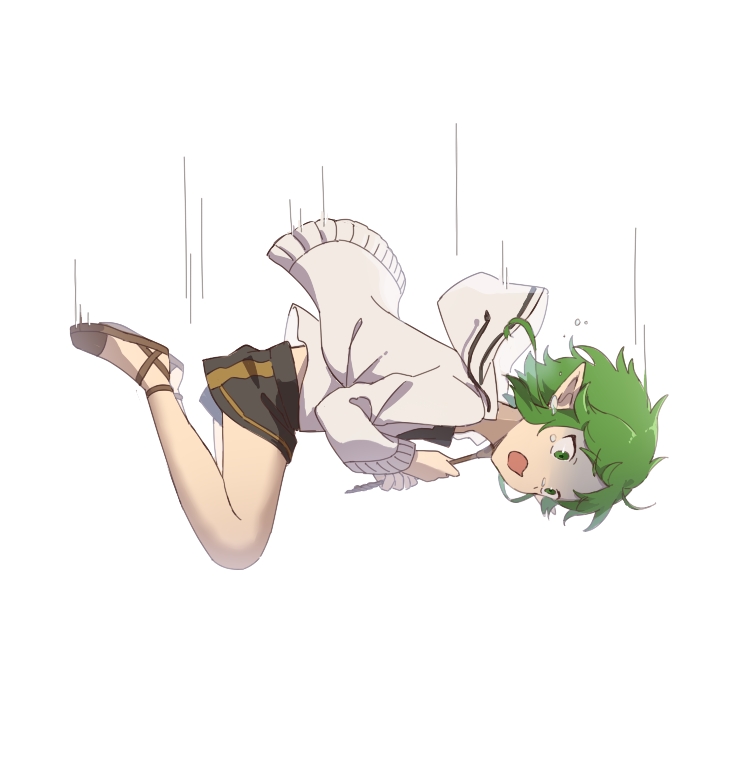 1girl black_shorts elf falling floating_tears full_body green_eyes green_hair hood hooded_jacket jacket midair mushoku_tensei pointy_ears short_hair shorts solo sylphiette_(mushoku_tensei) tears white_jacket yx_(artist)