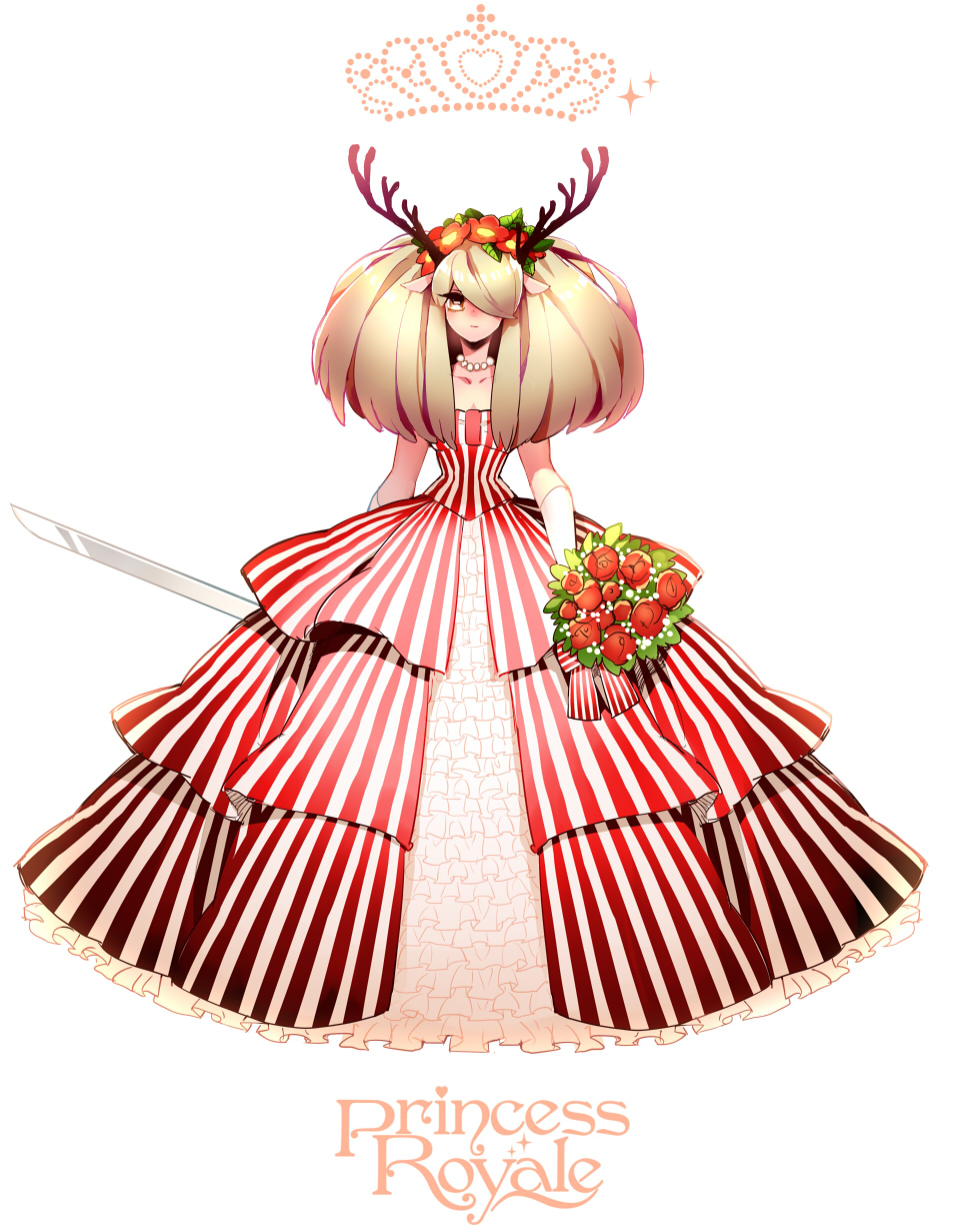 1girl animal_ears antlers bouquet copyright_name dress female_focus flower gloves gum_(gmng) gumidemo_kandero hair_flower hair_ornament hair_over_one_eye highres horns jewelry layered_dress logo long_dress looking_at_viewer necklace original princess_royale simple_background smile solo striped_clothes striped_dress sword too_many weapon white_background yellow_eyes