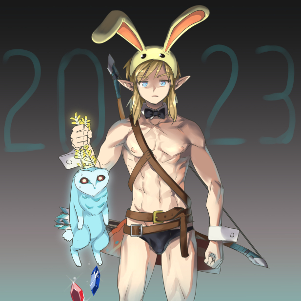 1boy 2023 abs animal_hood arrow_(projectile) belt black_bow black_bowtie black_male_swimwear blonde_hair blue_eyes blupee bow bow_(weapon) bowtie brown_belt chinese_zodiac commentary_request detached_collar elf expressionless holding hood link male_focus male_playboy_bunny male_swimwear monbetsu_kuniharu nintendo nipples pectorals pointy_ears quiver rabbit_hood rupee_(zelda) sparkle swim_briefs the_legend_of_zelda the_legend_of_zelda:_breath_of_the_wild toned toned_male traditional_bowtie weapon wrist_cuffs year_of_the_rabbit