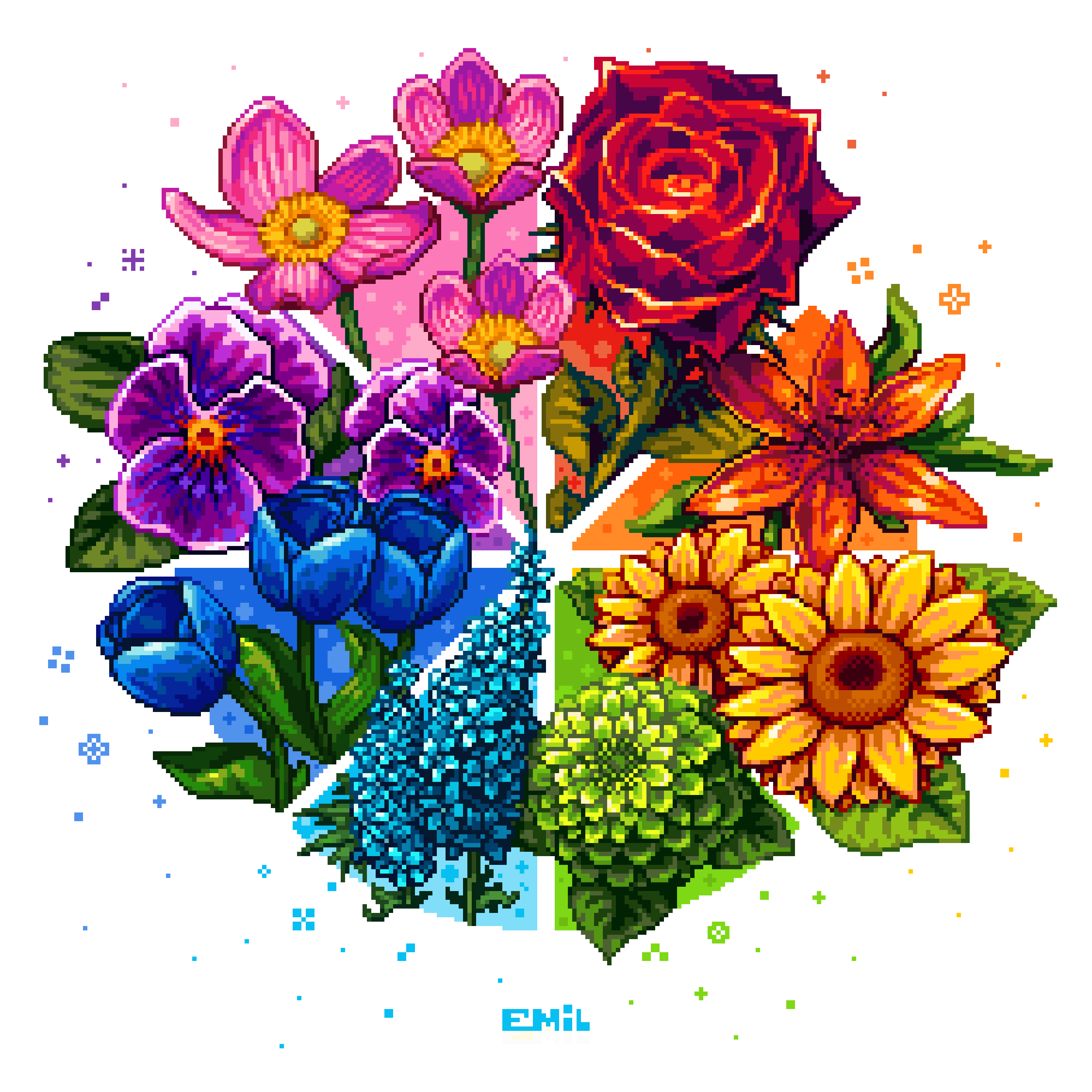 absurdres aqua_flower ardentemil artist_name blue_flower blue_tulip color_wheel_challenge flower flower_focus green_flower highres leaf multiple_drawing_challenge no_humans orange_flower original pink_flower pixel_art purple_flower red_flower red_rose rose sunflower tulip violet_(flower) yellow_flower