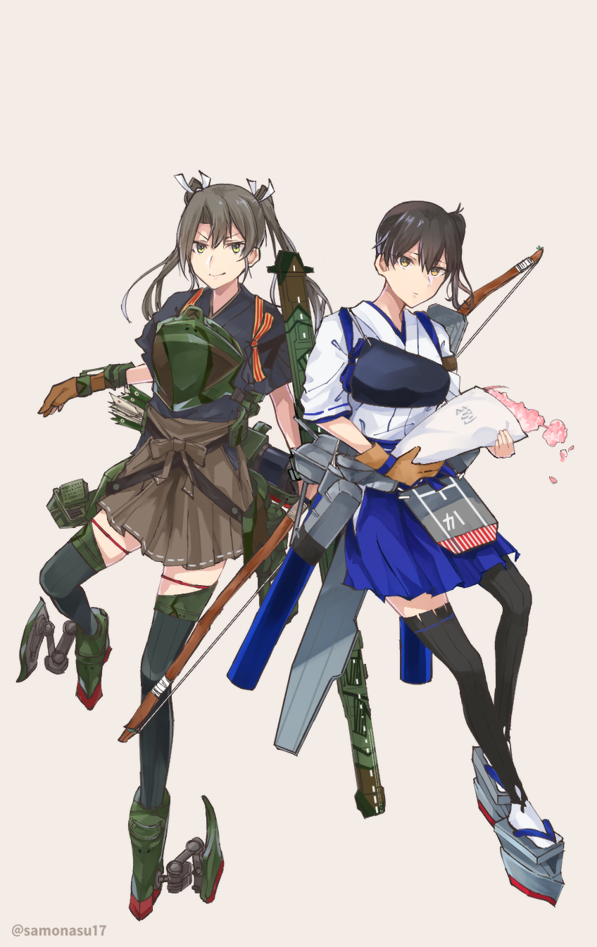 2girls blue_hakama bow_(weapon) brown_eyes brown_hair camouflage dark_green_hair flight_deck full_body gaiters geta gloves green_eyes hair_ribbon hakama hakama_short_skirt hakama_skirt highres holding holding_bow_(weapon) holding_weapon japanese_clothes kaga_(kancolle) kantai_collection long_hair multiple_girls muneate partially_fingerless_gloves partly_fingerless_gloves quiver ribbon rigging samonasu17 sandals short_sidetail side_ponytail skirt tasuki thighhigh_gaiters thighhighs twintails weapon white_legwear white_ribbon yugake yumi_(bow) zouri zuikaku_(kancolle) zuikaku_kai_ni_(kancolle)
