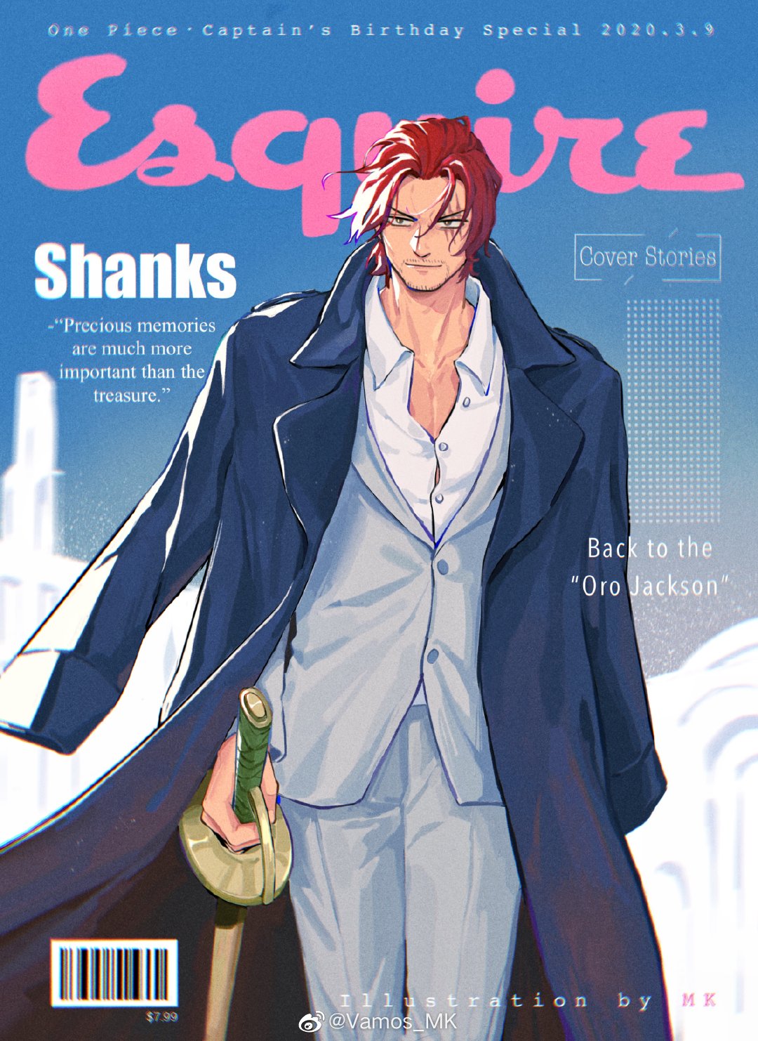 1boy barcode beard blue_jacket closed_mouth coat coat_on_shoulders collarbone cover dated english_text facial_hair fake_magazine_cover grey_jacket grey_pants highres jacket magazine_cover male_focus one_piece pants pectoral_cleavage pectorals red_hair scar scar_across_eye scar_on_face shanks_(one_piece) shirt solo sword vamos_mk weapon white_shirt