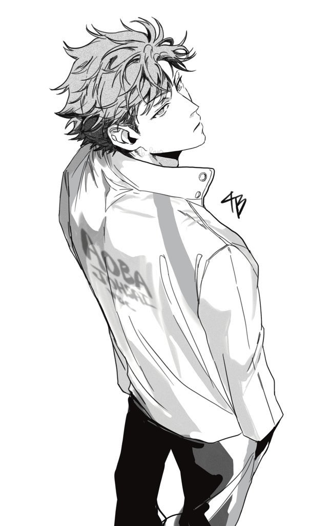 1boy 4b_pen collared_jacket commentary_request feet_out_of_frame greyscale haikyuu!! hand_in_pocket jacket long_sleeves looking_to_the_side male_focus monochrome oikawa_tooru_(haikyuu!!) pants parted_bangs parted_lips popped_collar romaji_text short_hair simple_background solo standing white_background