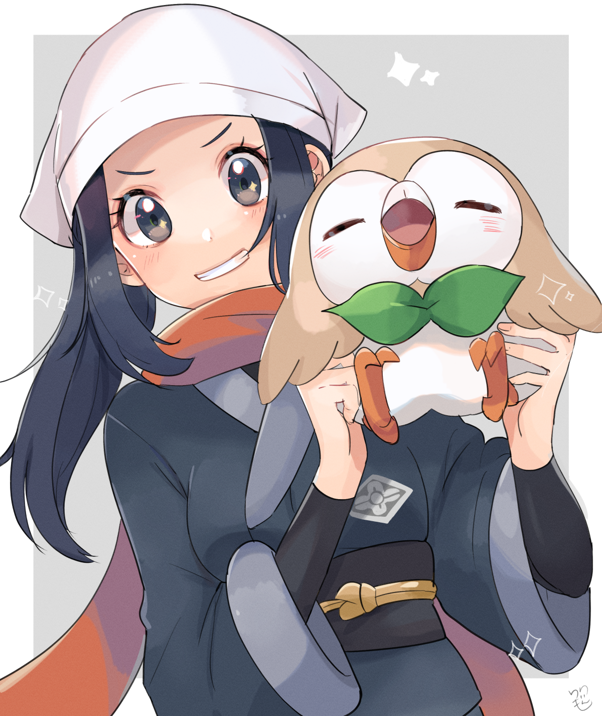1girl =_= akari_(pokemon) black_hair black_sash black_shirt blush commentary_request eyelashes galaxy_expedition_team_survey_corps_uniform gen_7_pokemon grey_eyes grey_jacket grin hands_up headscarf highres holding holding_pokemon jacket long_hair looking_at_viewer nintendo orange_scarf pokemon pokemon_(creature) pokemon_legends:_arceus ponytail ririmon rowlet sash scarf shirt sidelocks signature smile sparkle teeth upper_body white_headscarf