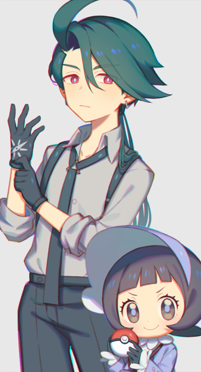 2girls adjusting_clothes adjusting_gloves ahoge black_gloves black_necktie black_pants blunt_bangs bright_pupils closed_mouth collared_shirt commentary_request earrings gloves green_hair grey_headwear grey_jacket holding holding_poke_ball jacket jewelry long_hair multiple_girls necktie nintendo pants poke_ball poke_ball_(basic) pokemon pokemon_sv ponytail poppy_(pokemon) red_eyes rika_(pokemon) shirt suspenders visor_cap wusagi2