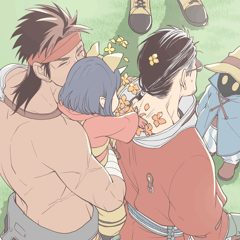1girl 3boys 4100 armor auron black_hair bow brown_hair carrying child child_carry closed_eyes dissidia_final_fantasy dissidia_final_fantasy_opera_omnia eiko_carol facial_hair final_fantasy final_fantasy_ix final_fantasy_x flower gloves grass hair_bow hat headband hollow_eyes horns japanese_clothes jecht kiss kissing_cheek long_hair mature_male multiple_boys muscular muscular_male ponytail purple_hair scar short_hair shoulder_armor single_horn sunglasses sweatdrop topless_male v-shaped_eyebrows vivi_ornitier wizard_hat yellow_bow yellow_eyes