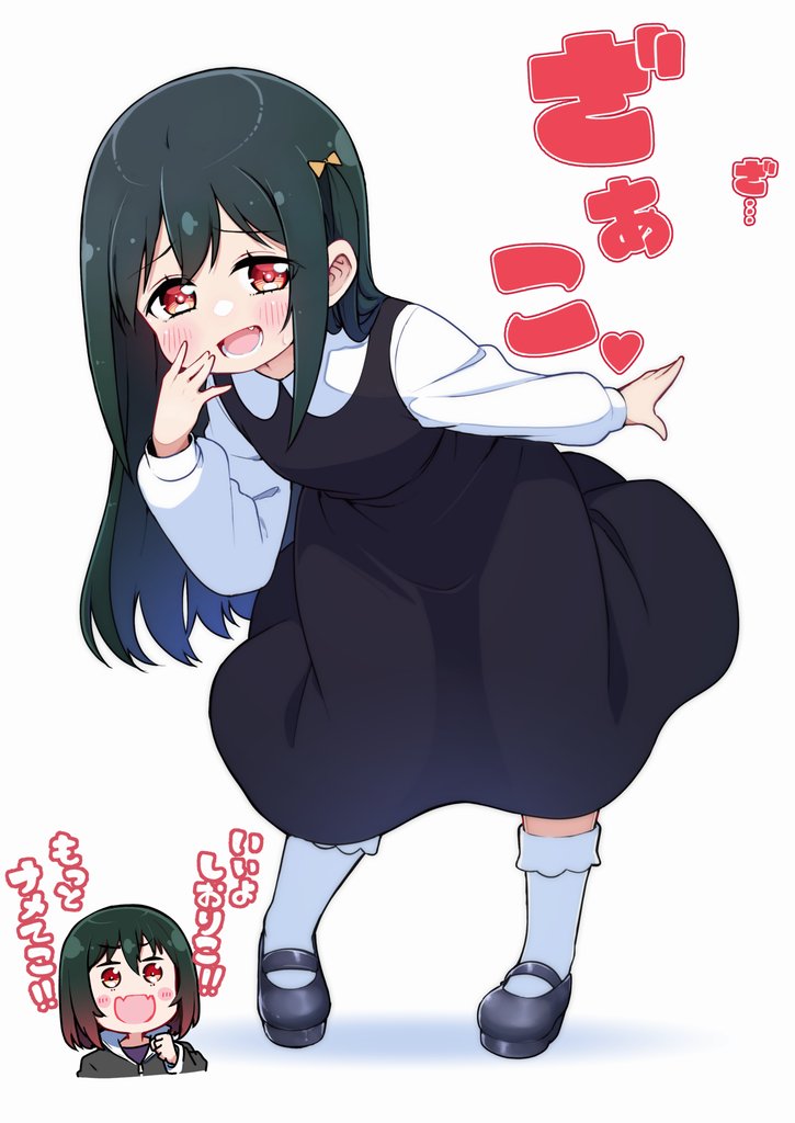 2girls :d aged_down ankle_socks black_dress black_footwear black_jacket blush commentary dress fang fangs full_body gradient_hair hair_between_eyes hood hooded_jacket jacket leaning_forward long_hair long_sleeves love_live! love_live!_nijigasaki_high_school_idol_club lower_teeth_only mary_janes medium_dress mesugaki mifune_kaoruko mifune_shioriko multicolored_hair multiple_girls open_mouth orange_eyes red_hair repunit shoes siblings sidelocks simple_background sisters skin_fangs smile socks solo_focus standing straight_hair teeth translation_request white_background white_sleeves white_socks zako_(phrase)