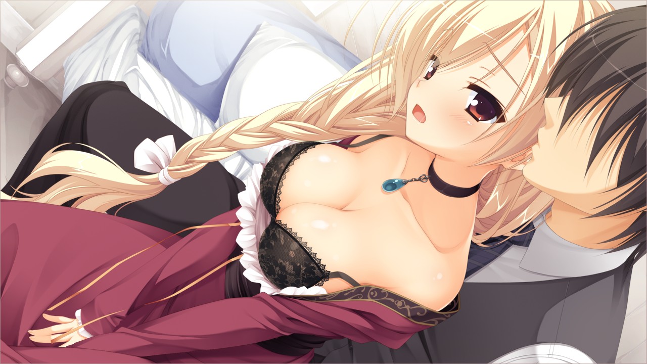 ドロワーズ えろ muririn, amairo islenauts, game cg, 1girl, bed, black hair, blonde hair,  blush, bra, braid, breasts, brown eyes, cleavage, collar, couple, dress,  large breasts, long hair, looking at viewer, open mouth, pillow, short