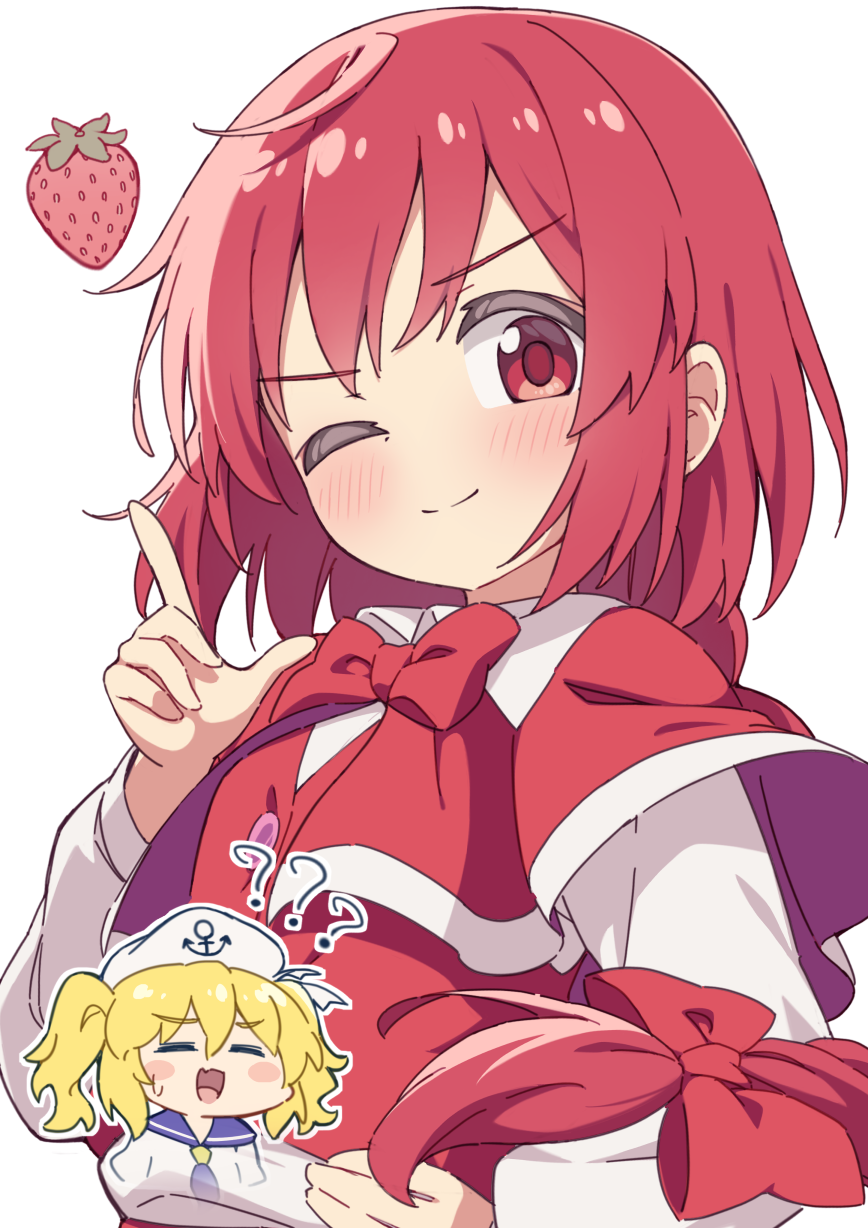 2girls :d ;) ? ?? blonde_hair blue_sailor_collar blush bow bowtie braid chibi chibi_inset closed_eyes closed_mouth commentary_request dress hair_bow hand_up hat highres hiyaya_(kochi_michikaze) index_finger_raised kitashirakawa_chiyuri long_hair looking_at_viewer multiple_girls okazaki_yumemi one_eye_closed open_mouth red_bow red_bowtie red_dress red_eyes red_hair sailor_collar sailor_shirt shirt short_hair simple_background single_braid smile touhou touhou_(pc-98) twintails upper_body white_background white_hat white_shirt