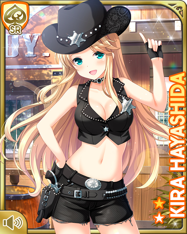 1girl badge black_gloves black_hat black_shorts blonde_hair boots card_(medium) cowboy_clothes cowboy_hat cowboy_western day fingerless_gloves girlfriend_(kari) gloves green_eyes gun handgun hat hayashida_kira long_hair midriff navel official_art one_side_up open_mouth outdoors pistol qp:flapper shorts smile solo weapon
