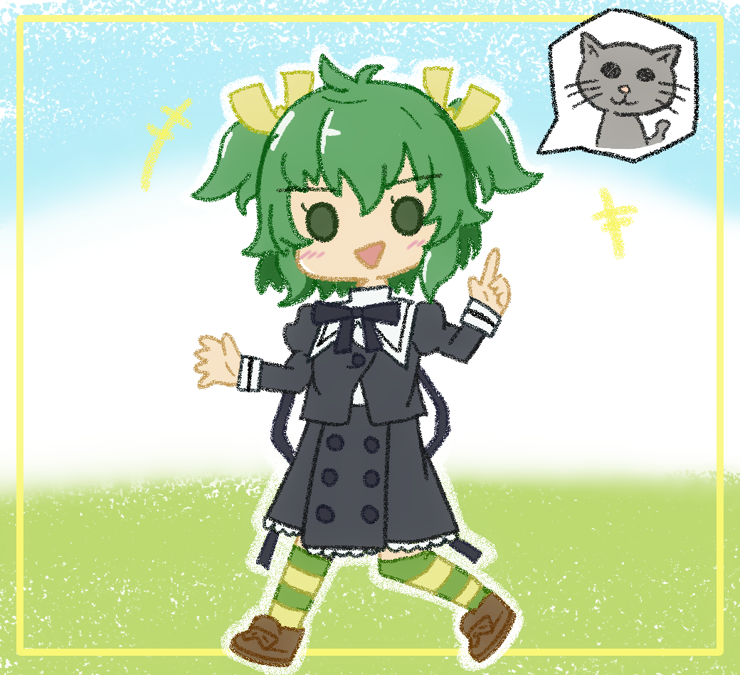 +++ 1girl antenna_hair assault_lily black_ribbon black_skirt blue_sky blush border brown_shoes cat chibi commentary_request cropped_jacket day frilled_skirt frills full_body green_eyes green_hair green_thighhighs hair_ribbon hands_up high-waist_skirt horizontal-striped_thighhighs index_finger_raised inset_border juliet_sleeves loafers long_sleeves looking_at_viewer miniskirt multicolored_thighhighs neck_ribbon no_pupils open_mouth outdoors outside_border puffy_sleeves ribbon school_uniform shoes short_hair skirt sky smile solo spoken_animal standing thighhighs triangle_mouth two_side_up walking yellow_border yellow_ribbon yellow_thighhighs yoshimura_thi_mai yurigaoka_girls_academy_school_uniform yuzuki_suzuha