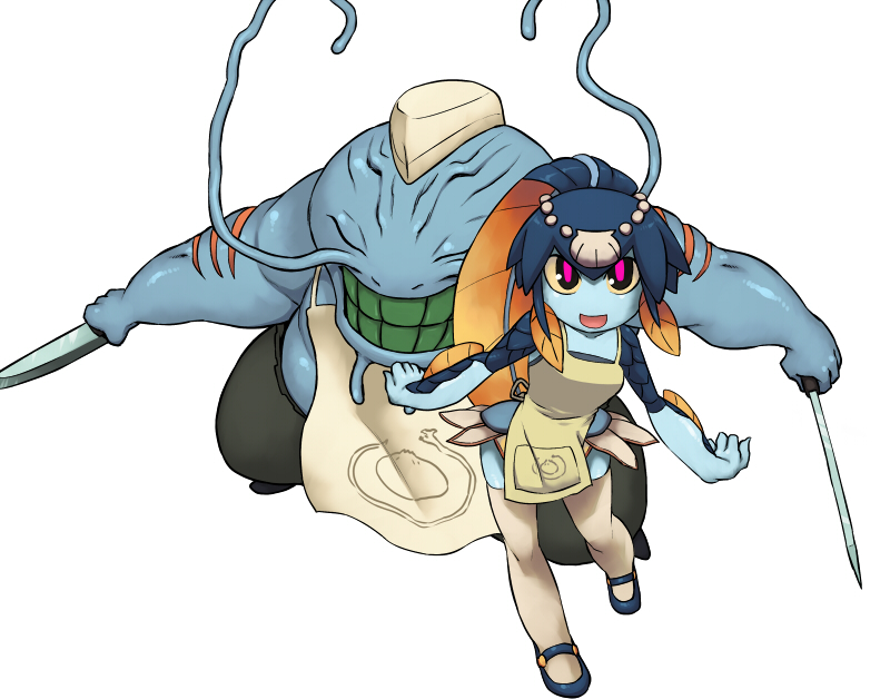 1boy 1girl apron black_nails blue_skin blunt_bangs chef cleaver closed_eyes colored_sclera colored_skin colored_teeth dress dual_wielding fins fish_girl flats gills green_teeth hair_ornament hand_on_own_hip hat heart holding knife minette_(skullgirls) monster_boy monster_girl nail_polish open_mouth pink_eyes scales shell simple_background skullgirls smile thighhighs topless_male tsukudani_(coke-buta) waitress white_background white_thighhighs yellow_sclera yu-wan_(skullgirls)