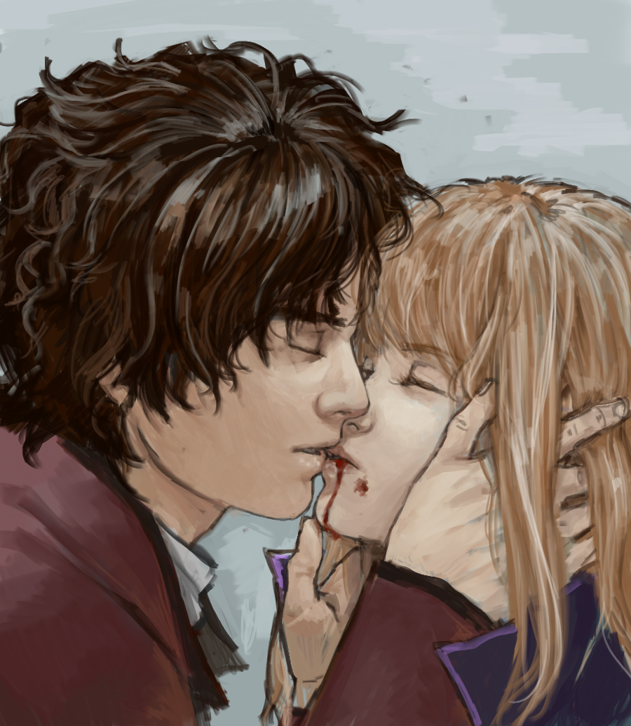 1boy 1girl blonde_hair blood blood_from_mouth brown_hair closed_eyes from_side gintama hands_on_another&#039;s_face imminent_kiss medeakn mutsu_(gintama) sakamoto_tatsuma