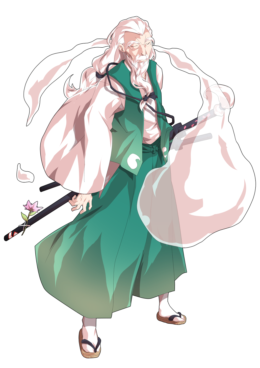 1boy alphes_(style) closed_eyes closed_mouth commentary_request dairi facial_hair flower full_body geta ghost ghost_print green_vest hakama hakama_pants highres hitodama japanese_clothes kimono konpaku_youki long_hair long_sleeves low_ponytail male_focus mustache old old_man open_clothes open_vest pants parody ponytail sandals scabbard sheath sheathed simple_background socks solo standing style_parody sword tabi tachi-e thick_eyebrows touhou transparent_background vest weapon white_hair white_socks wide_sleeves wrinkled_skin