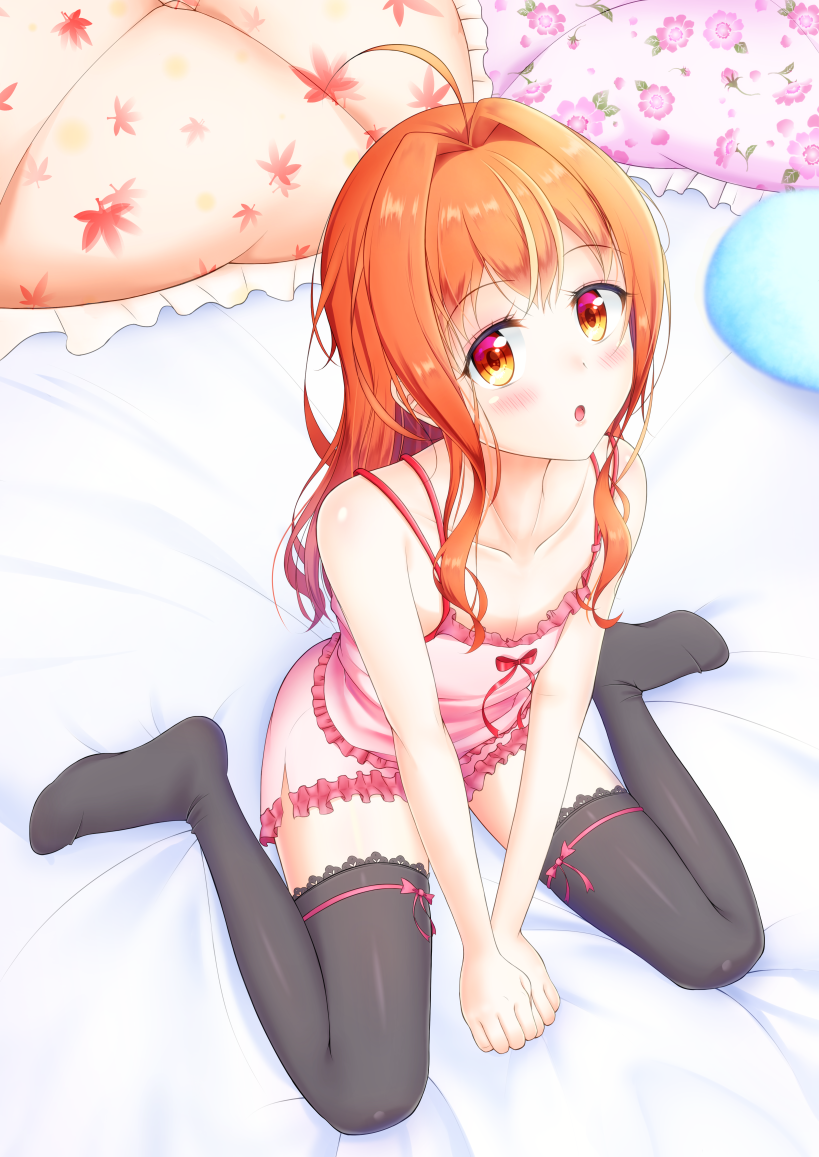 1boy ahoge bed black_thighhighs blush collarbone commentary_request full_body long_hair looking_at_viewer male_focus natsusora_wakana novady open_mouth orange_eyes orange_hair original own_hands_together pillow sidelocks sitting thighhighs trap wariza