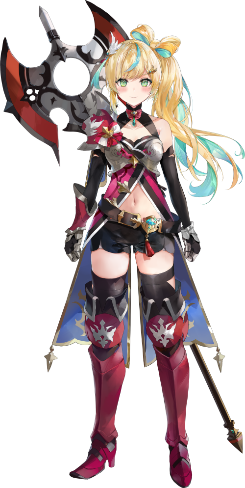 1girl aqua_hair armor axe bare_shoulders belt black_belt black_shorts black_thighhighs blonde_hair blush boots bow-shaped_hair brown_belt full_body gauntlets green_eyes hair_ornament hairclip halterneck knee_boots knight leg_armor long_hair looking_at_viewer multicolored_hair navel nijisanji official_art red_footwear shorts shoulder_armor side_ponytail smile soraneko_hino streaked_hair tachitsute_toto thighhighs transparent_background virtual_youtuber wing_hair_ornament