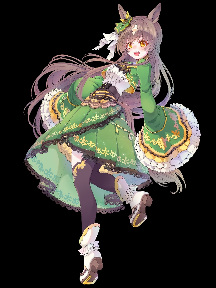 1girl animal_ears brown_eyes brown_hair dress frilled_sleeves frills full_body green_dress horse_ears horse_girl horse_tail looking_at_viewer open_mouth satono_diamond_(umamusume) tail umamusume white_background wide_sleeves xiaoxia_(user_dfve8358)