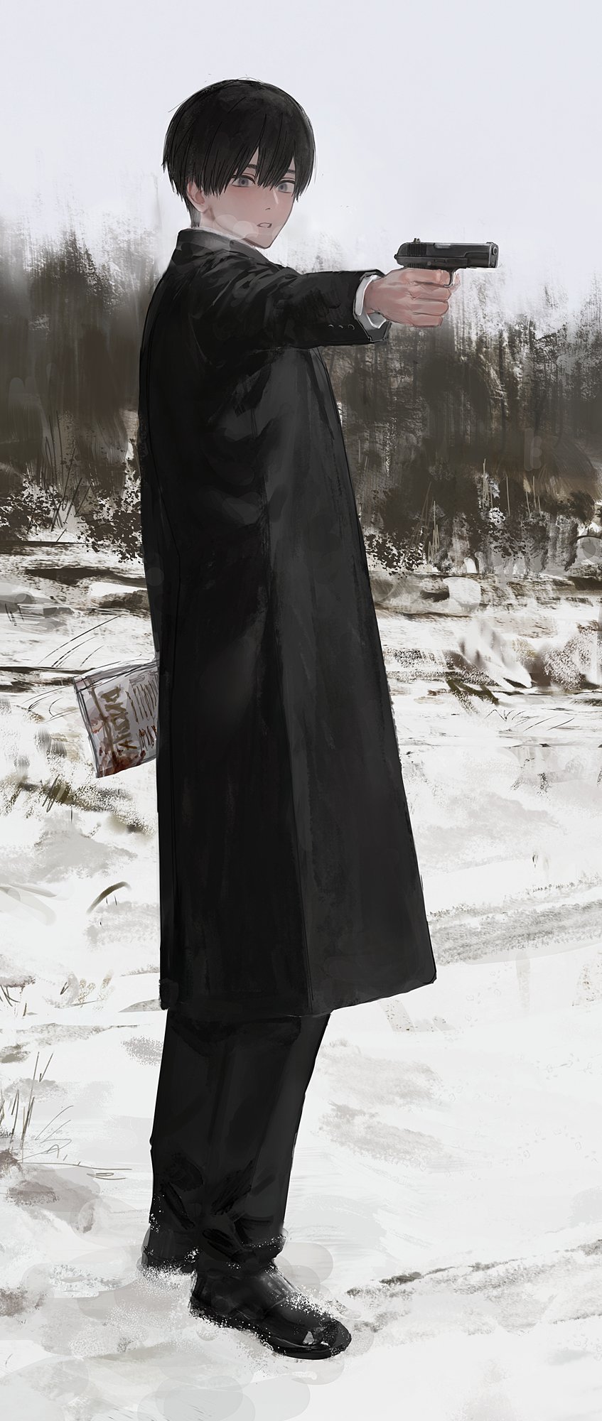 1boy aiming black_coat black_hair black_pants black_shoes breath coat day finger_on_trigger from_side full_body grey_eyes gun handgun highres hirota_tsuu holding holding_gun holding_weapon long_sleeves male_focus original outdoors pants parted_lips pistol shoes snow solo standing usuzumi_kei weapon