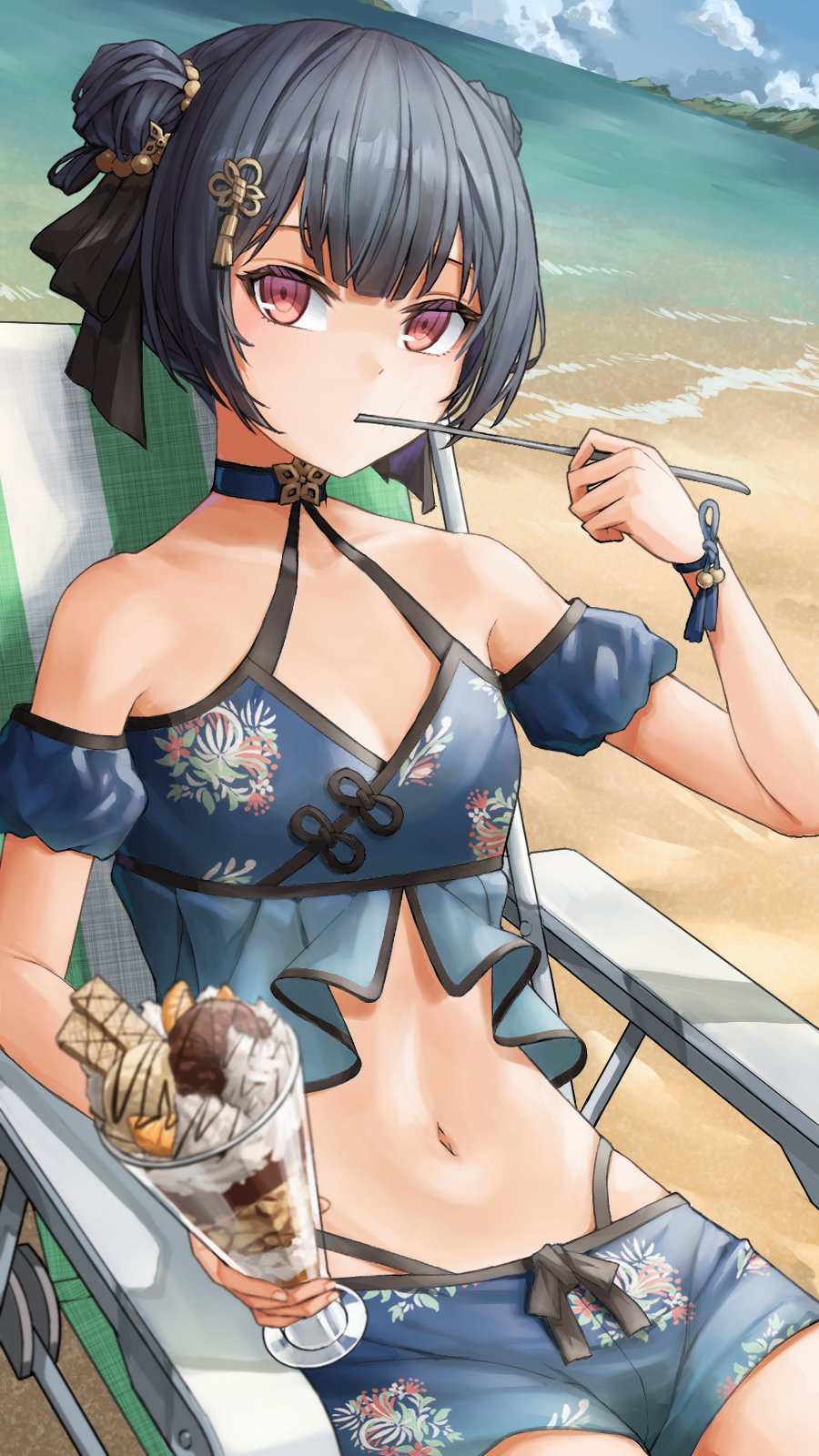 1girl bare_shoulders beach bikini bikini_shorts black_ribbon blue_choker blue_hair blue_shorts bracelet chair chocolate choker cloud collarbone cup detached_sleeves drinking_glass eating floral_print food fruit hair_ornament hair_ribbon highres holding holding_cup ice_cream ice_cream_spoon idolmaster idolmaster_shiny_colors jewelry layered_bikini looking_at_viewer lounge_chair morino_rinze navel print_bikini print_shorts puchisakigake puffy_detached_sleeves puffy_sleeves red_eyes ribbon sand shorts sitting solo spoon swimsuit tassel wafer water