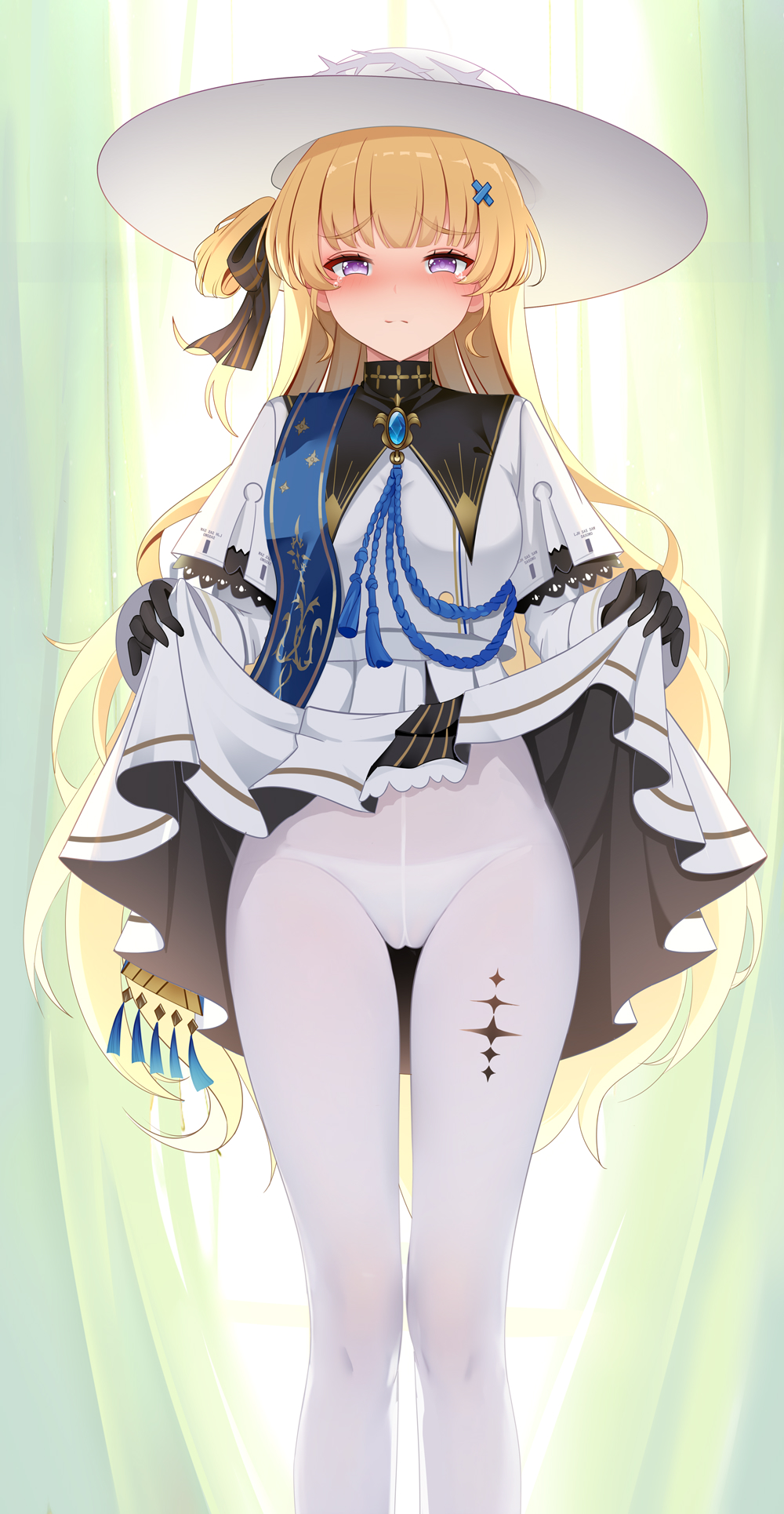 1girl black_collar black_gloves blonde_hair breasts clothes_lift collar gloves hair_ornament hat highres large_breasts lifting_own_clothes long_hair long_sleeves looking_at_viewer muq panties panties_under_pantyhose pantyhose phoebe_(wuthering_waves) purple_eyes shirt skirt skirt_lift solo underwear white_hat white_panties white_pantyhose white_shirt white_skirt wuthering_waves x_hair_ornament