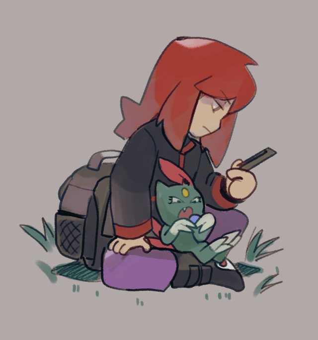 1boy backpack bag black_boots black_jacket boots closed_mouth commentary cowlick english_commentary game_freak gen_2_pokemon grass grey_background holding jacket long_sleeves looking_down male_focus monkii_(mjooolnina) nintendo on_lap pants pokemon pokemon_(creature) pokemon_gsc pokemon_on_lap purple_pants silver_(pokemon) sitting sneasel unworn_backpack unworn_bag