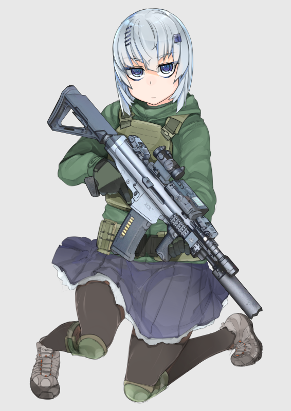 1girl blue_eyes female_focus gloves gun hair_ornament hairclip holding holding_gun holding_weapon hood hoodie knee_pads load_bearing_vest on_one_knee original pantyhose short_hair silver_hair simple_background skirt solo utako623 weapon xcr