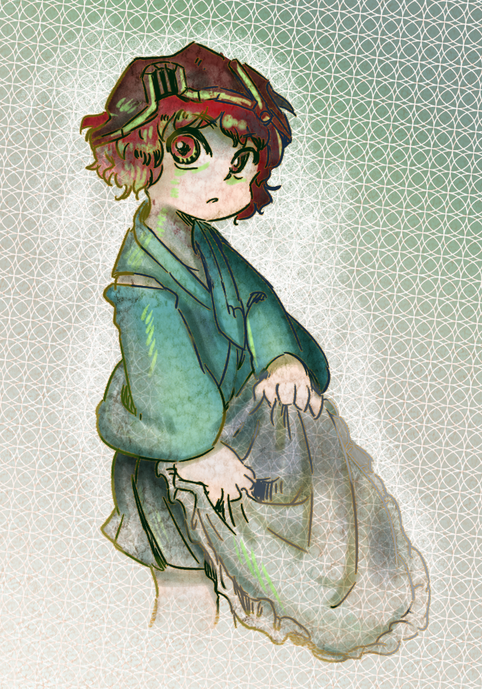 1other androgynous apron bare_shoulders black_hakama blue_kimono brown_helmet chikafumikou clothing_cutout collarbone commentary_request cropped_legs expressionless frilled_apron frills gradient_background green_background hakama hakama_short_skirt hakama_skirt helmet japanese_clothes katano_sukune kimono len&#039;en long_sleeves looking_at_viewer other_focus parted_lips red_eyes red_hair short_hair short_kimono shoulder_cutout skirt solo waist_apron white_apron wide_sleeves