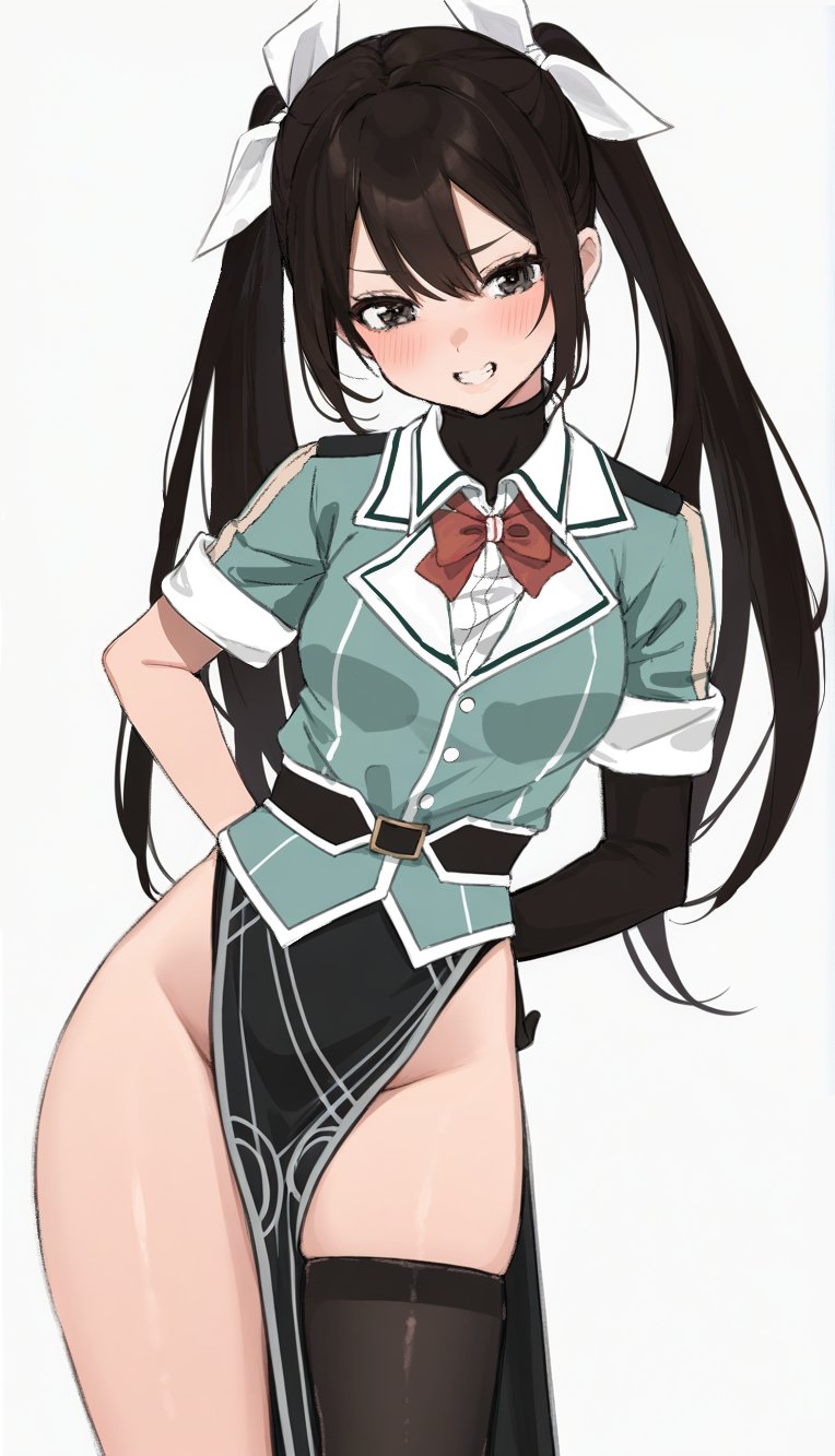 1girl arms_behind_back asymmetrical_legwear belt black_belt black_gloves black_undershirt blush bow bowtie brown_eyes brown_hair cowboy_shot elbow_gloves gloves green_jacket hair_between_eyes hair_ribbon highres jacket kantai_collection long_hair looking_at_viewer neju pelvic_curtain red_bow red_bowtie ribbon shirt short_sleeves simple_background single_elbow_glove single_glove single_thighhigh smile solo thighhighs tone_(kancolle) tone_kai_ni_(kancolle) twintails uneven_legwear white_background white_ribbon white_shirt