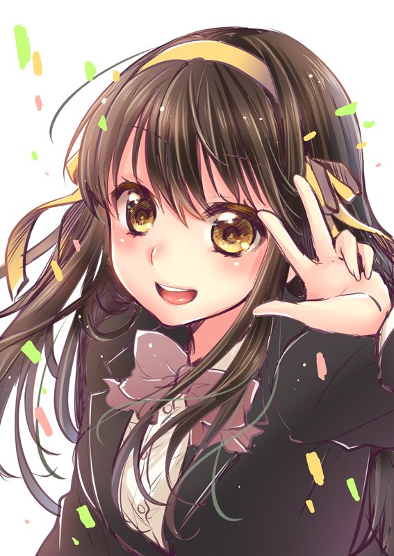 1girl ;d black_jacket blazer bow bowtie brown_bow brown_bowtie brown_eyes brown_hair hairband jacket kouyouen_academy_school_uniform len_togarti long_hair long_sleeves looking_at_viewer official_alternate_costume official_alternate_hair_length official_alternate_hairstyle one_eye_closed open_mouth ribbon school_uniform shirt smile solo suzumiya_haruhi suzumiya_haruhi_no_shoushitsu suzumiya_haruhi_no_yuuutsu teeth tongue upper_body upper_teeth_only v white_shirt winter_uniform yellow_hairband yellow_ribbon