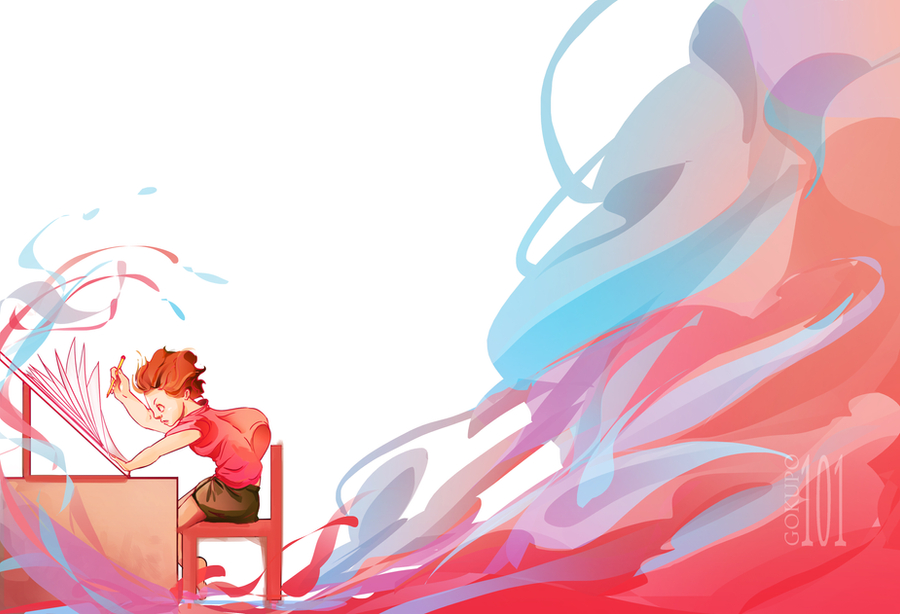 chair commentary english_commentary floating_hair gokupo101 holding holding_pen looking_at_object original paper pen pink_shirt profile shirt short_hair short_sleeves shorts sitting solo t-shirt watermark