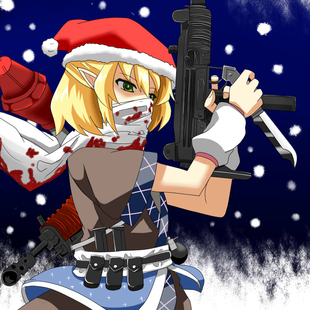 1girl blonde_hair blood explosive female_focus green_eyes grenade gun hat machine_pistol mizuhashi_parsee pointy_ears rakku_(10219563) santa_hat scarf short_hair snowing solo submachine_gun touhou uzi weapon